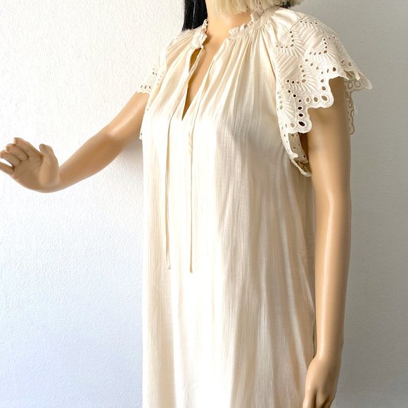 Boho Chic Shift Dress | Eyelet Lace Flutter Sleeve Dress | Cream Ivory Dress XS - Picture 7 of 10